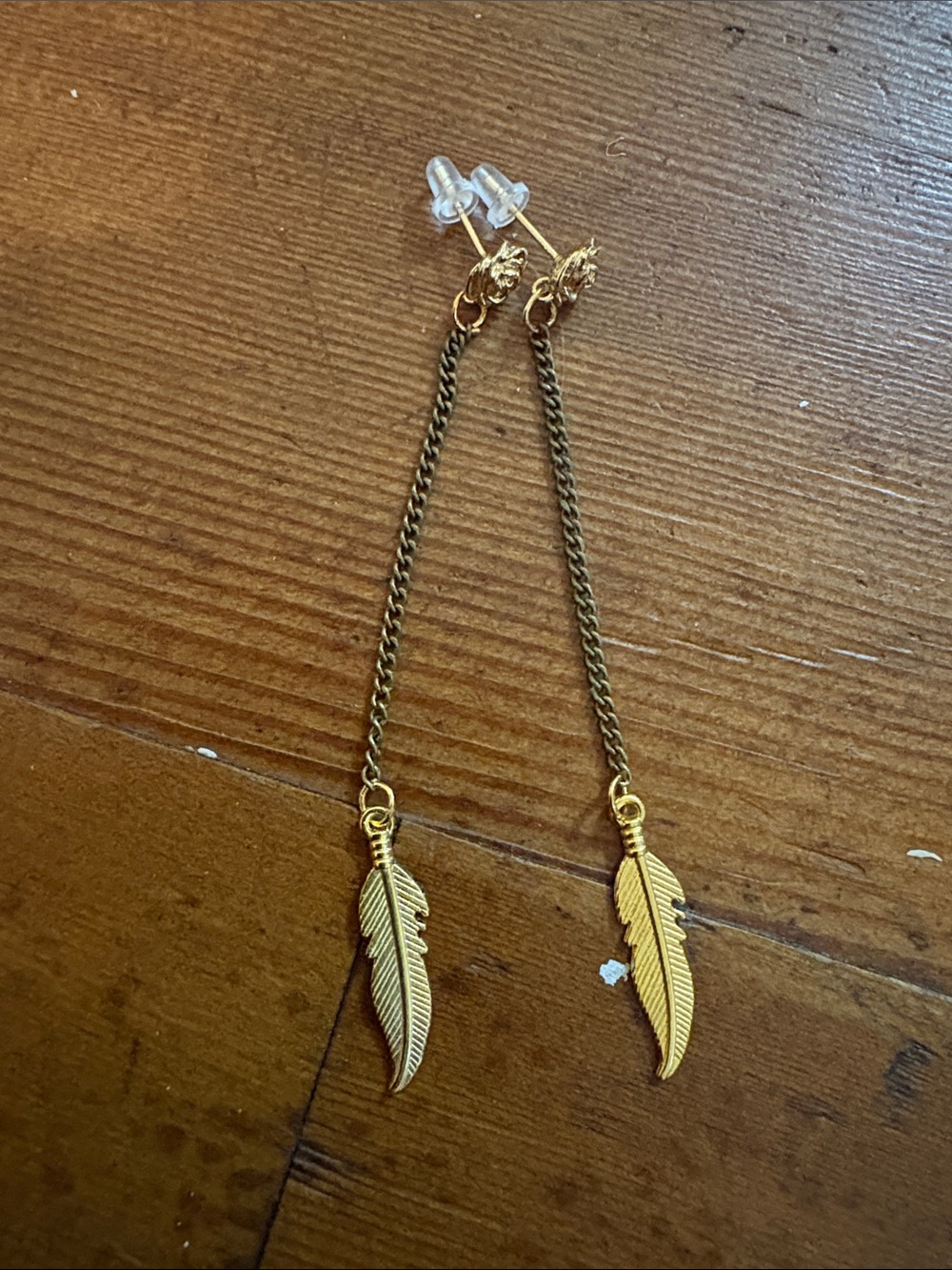 Hand-Crafted Gold Feather Drop Chain Earrings With Rose Posts- Women Accessories